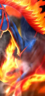 Vibrant blue horse enveloped in fiery orange flames.