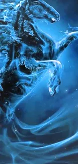 Blue fiery horse bursting with energy on a dark background.