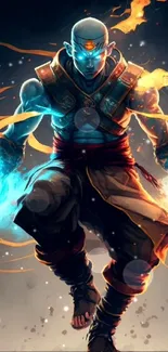 Anime-inspired fiery monk with blue energy in dynamic pose.