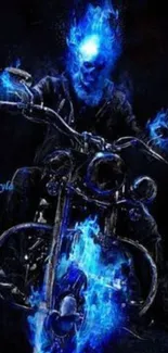 Skeleton rider engulfed in blue flames on a motorcycle with dark background.