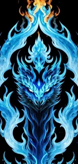 Fiery blue phoenix with vibrant flames against a black background.