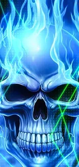 Blue flaming skull art wallpaper with fiery design.