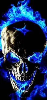 Fiery blue skull with vibrant flames against a dark background.