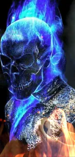 Blue fiery skull with flames on dark mobile wallpaper.