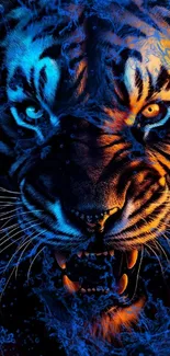 Fierce tiger in vivid blue and orange hues, creating a dramatic wallpaper design.