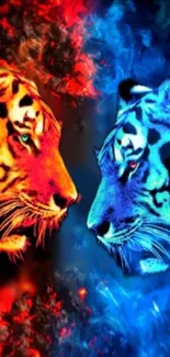 Fiery red and blue tigers in artistic wallpaper.