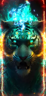 Fiery blue tiger with glowing eyes in digital art wallpaper.