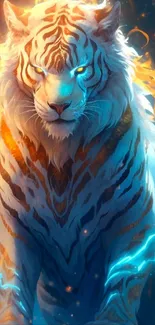 Fiery blue tiger artwork with glowing eyes and vibrant flames.