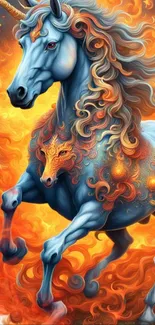 Magical blue unicorn in a fiery artistic scene.