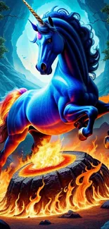 Blue unicorn with fiery background mobile wallpaper.