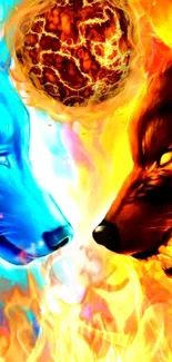 Blue and orange wolves face off in fiery wallpaper.