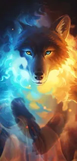 Digital artwork of a fiery blue wolf with vibrant flames.