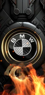 Fiery BMW gear wallpaper with flames and mechanical elements.