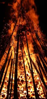 Dramatic bonfire emitting vibrant orange flames against a dark background.