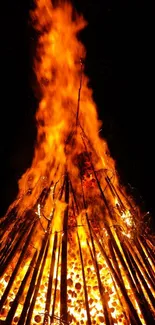 Vibrant bonfire with tall, bright flames against a dark background.