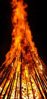 Vibrant bonfire with tall flames against a dark night sky.