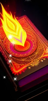 Fiery book with a glowing cover on a dark background.