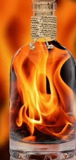 Bottle engulfed in vibrant flames, fiery wallpaper design.