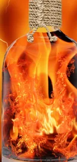 Fiery flames inside a glass bottle with an orange and black background.