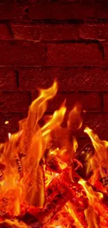 Fiery wallpaper with flames against brick wall backdrop.
