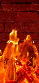 Vivid flames against a rustic brick wall wallpaper.