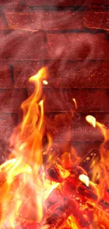 Mobile wallpaper with vivid flames against a brick wall background.