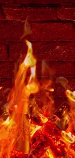 Fiery wallpaper with flames against a rustic brick wall.