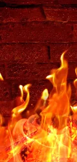 Fiery flames against a brick wall backdrop.