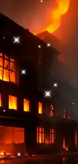 Building engulfed in flames during nighttime.