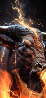 Fiery bull with electric accents on a striking dark wallpaper.