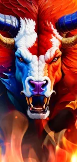 Fiery bull fantasy art wallpaper with vibrant colors.