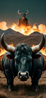 Fiery bull against a sunset mountain backdrop with dramatic flames.