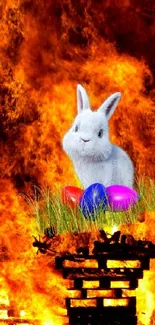 White bunny with Easter eggs amidst fiery flames wallpaper.