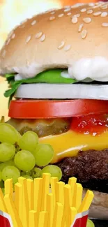 Fiery background with burger and fries featuring grapes.