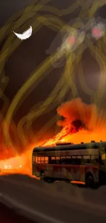 Mobile wallpaper featuring a fiery bus scene at night, under a dark sky.