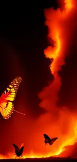 Fiery orange scenery with butterflies and flames.