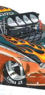 Camaro race car with fiery flames art design.