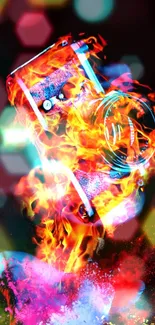 Fiery abstract camera in vibrant colors on wallpaper.