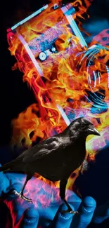 Fiery camera with crow on hand in dark artistic wallpaper.