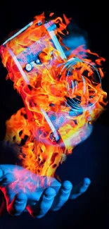 Fiery camera with vivid flames and blue highlights on a black background.