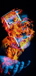 Fiery camera art with flames above a hand, in vibrant colors.