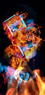 Fiery camera in flames with neon colors, held by a glowing hand.