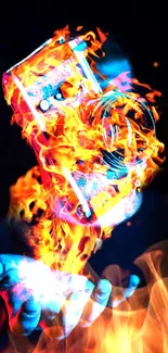 Vivid mobile wallpaper with a flaming vintage camera design.