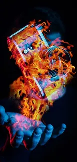 Flaming camera artwork over a hand in dark background.