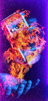 Mobile wallpaper with a fiery camera and neon flames.