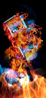 Artistic wallpaper of a camera engulfed in vibrant flames.