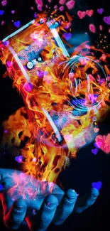 Fantasy art with fiery camera and colorful hearts.