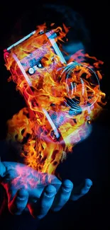 Flaming camera in hand on a dark background, vibrant digital art.