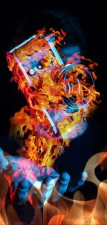 Vibrant wallpaper with a camera engulfed in flames.