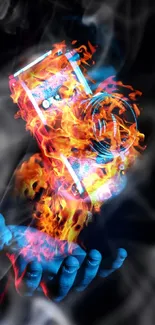 Artistic fiery camera with flames, vibrant phone wallpaper.